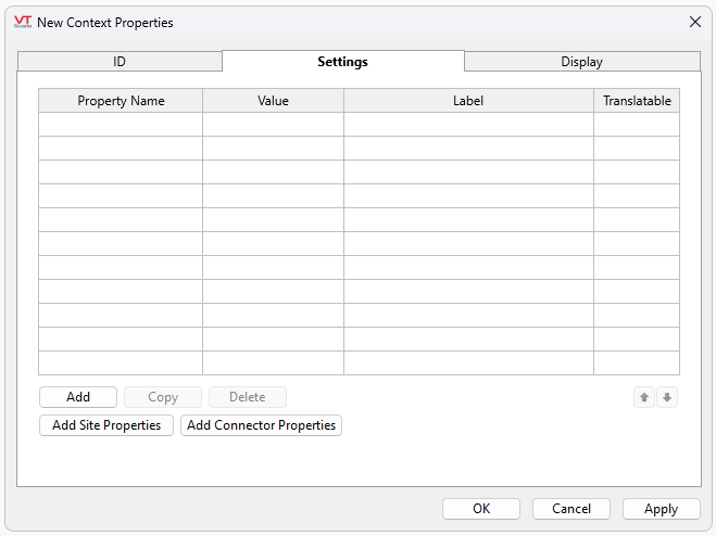 Settings tab of the Context tag, displaying a grid layour of editable properties