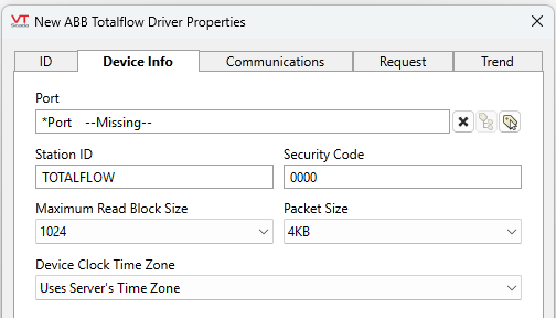 Configure the tag port, Station ID, Security Code, Max Read Block Size, Packet Size and Device Click Time Zone.