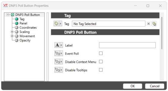 This image features a properties dialog to link a tag, change the label, and enable Event Poll, Disable Context Menu and Disable Tooltips.