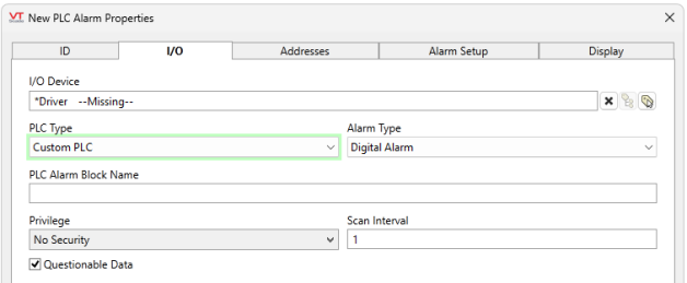 Configure I/O Device, PLC Type, Alarm Type, PLC Alarm Block Name, Custom Security Privileges, Scan Interval and Questional Data settings.