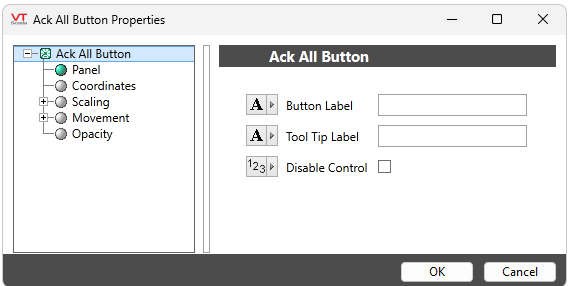 Access this properties dialog through Idea Studio by right-clicking on the Ack All Button widget and selecting "properties". Configure button label, and tool tip label or disable control.