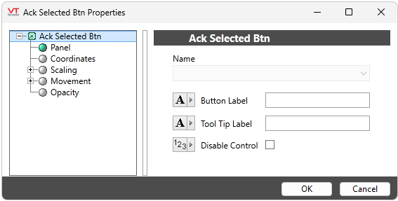 Configure name, button label, and tool tip label or disable control.
