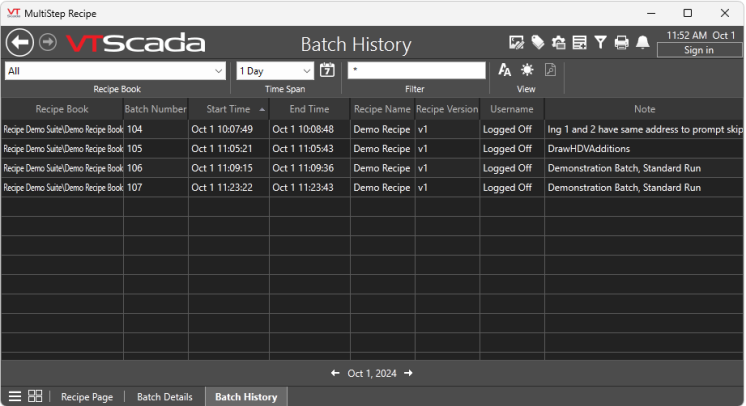 Batch History page displays all batches that have been run and is filterable by recipe book, time span and keyword.