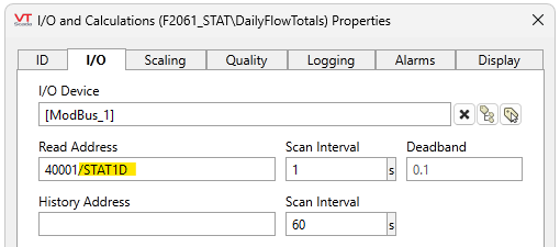 In the I/O tab of an I/O and Calculations tag, the read address features a standard 40001 address with /STAT1D affixed to the end.