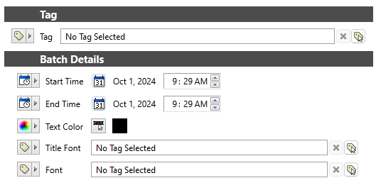 The batch details widget properties allow you to link a recipe book tag, select a start time and optional end time, and customize the text colour by color selector, and the title font and font with style tags.